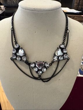 Statement Black Chain Necklace with Clear Crystal Accents